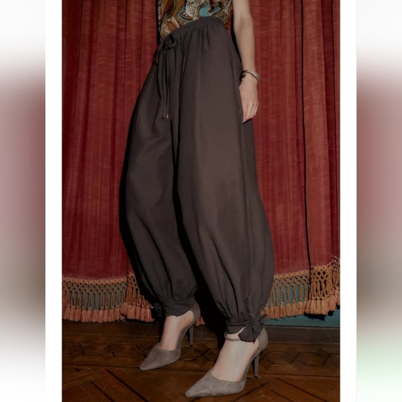Zara Pants - Zara Brown Bow-detail Harem High-rise Pants With Elastic Waist Sz-M